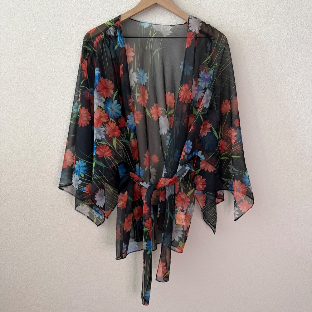 THREE FLAGGS Womens Sheer Floral Kimono Wrap Top Size One Size Boho Whimsigoth